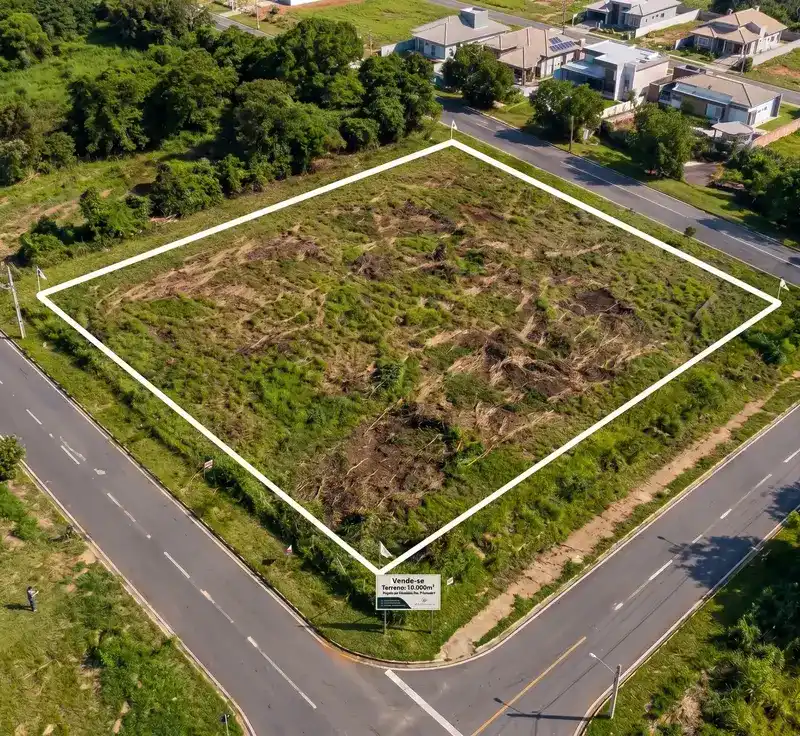 Vista aérea de terreno com perímetro demarcado